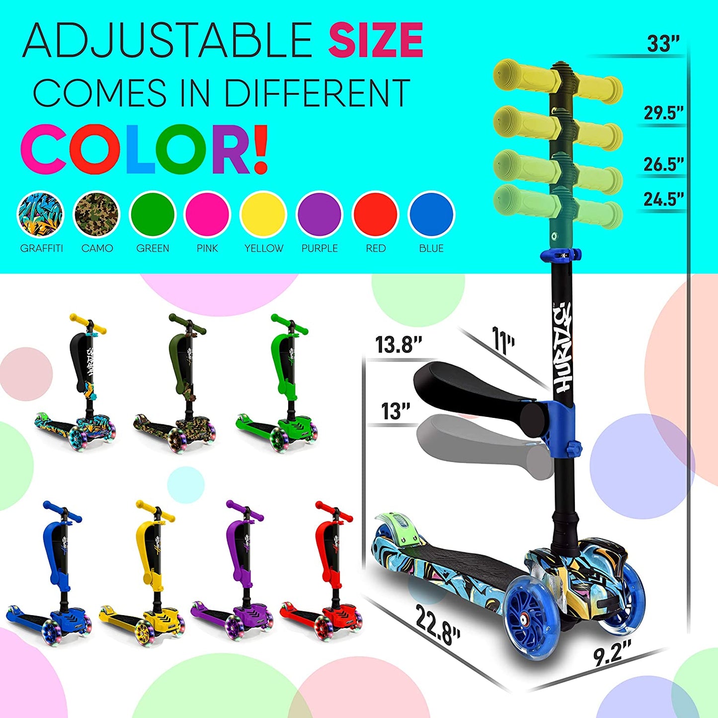Ultimate 3-Wheeled Kids Scooter - LED Wheel Lights, Adjustable Lean-To-Steer Handlebar, and Foldable Seat for Sit or Stand Riding - Perfect for Ages 1-14!