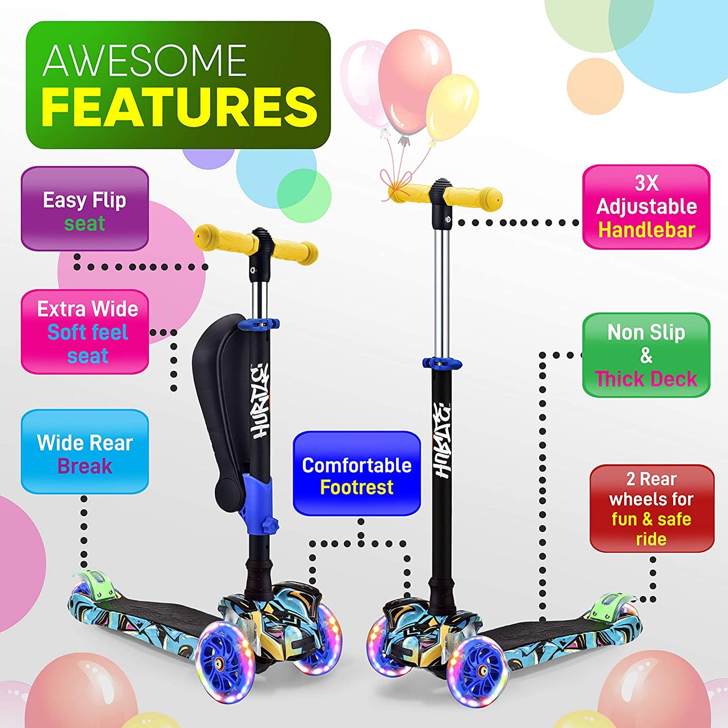 Ultimate 3-Wheeled Kids Scooter - LED Wheel Lights, Adjustable Lean-To-Steer Handlebar, and Foldable Seat for Sit or Stand Riding - Perfect for Ages 1-14!